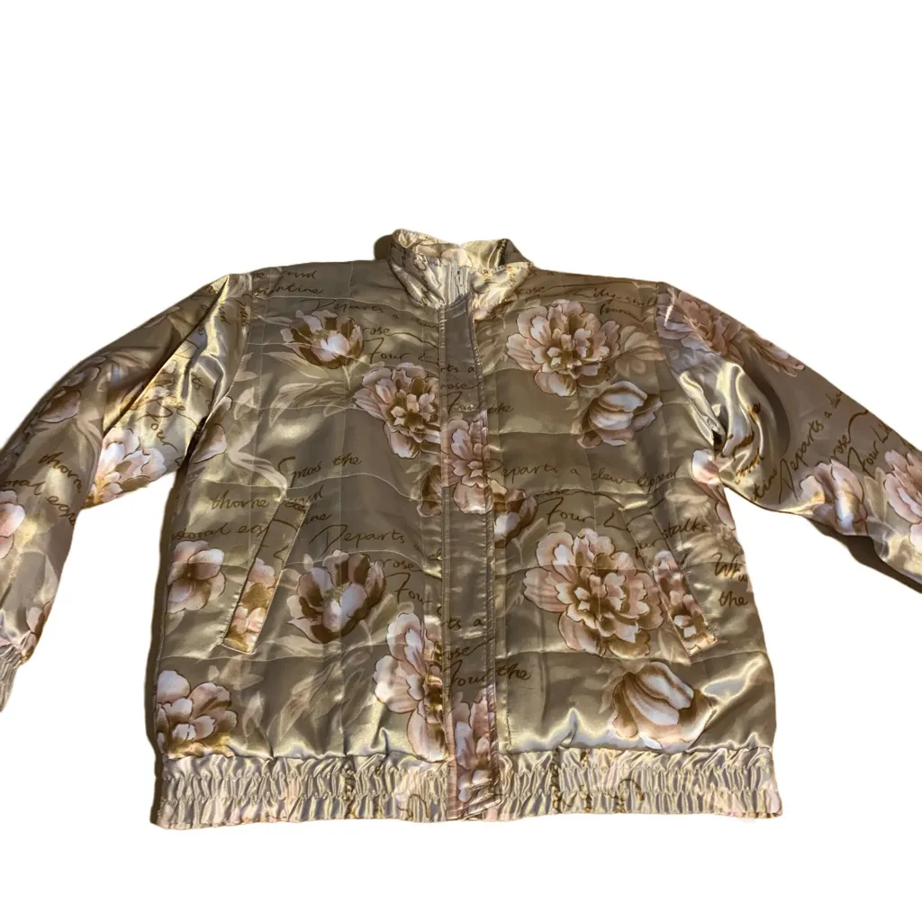 VINTAGE OLEG CASSINI FLORAL PRINT CREAM A PINK BLUSH SATIN BOMBER JACKET (M) - Image 9