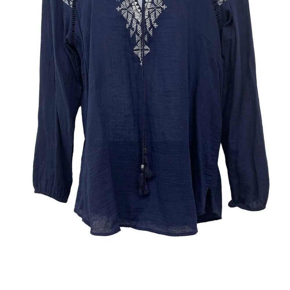 Daniel Rainn Embroidered Long Sleeve Semi Sheer Boho Tassel Top Blouse Blue - Image 4