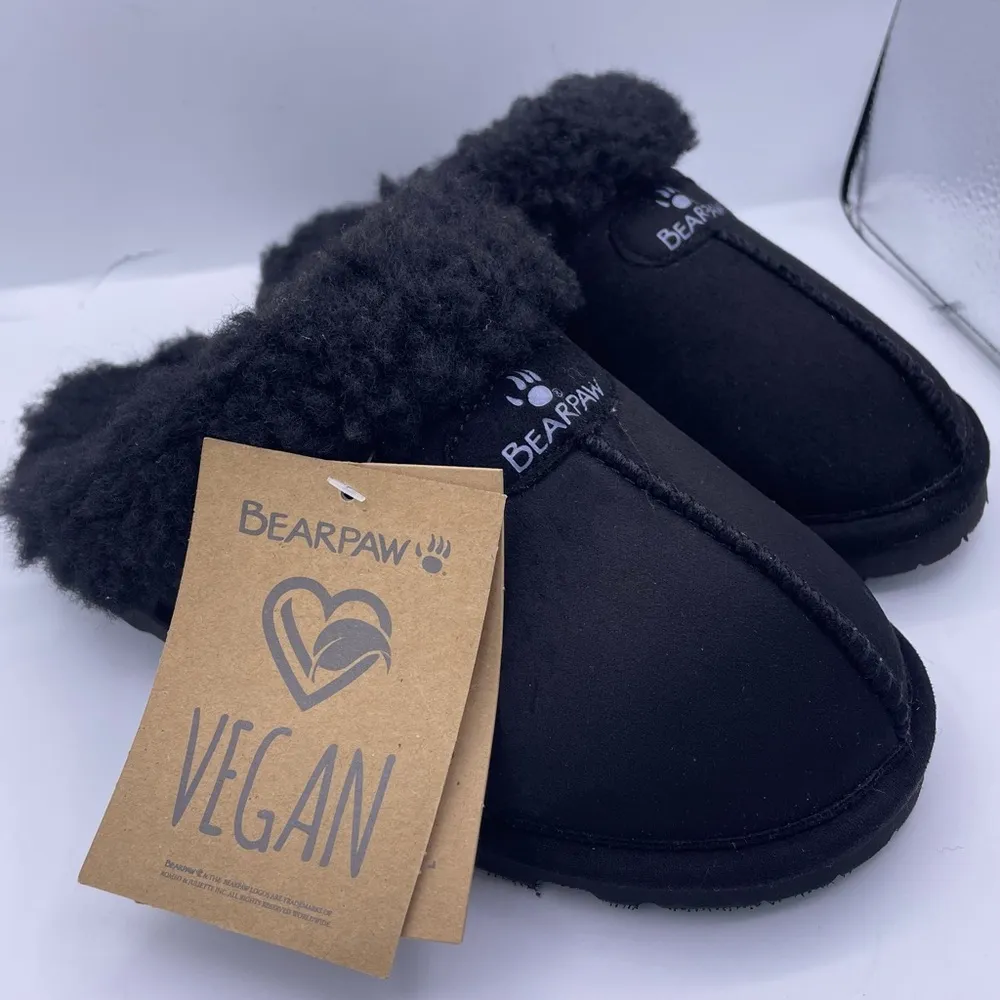 vegan faux fur Loki women black slippers Size 6 - Image 2