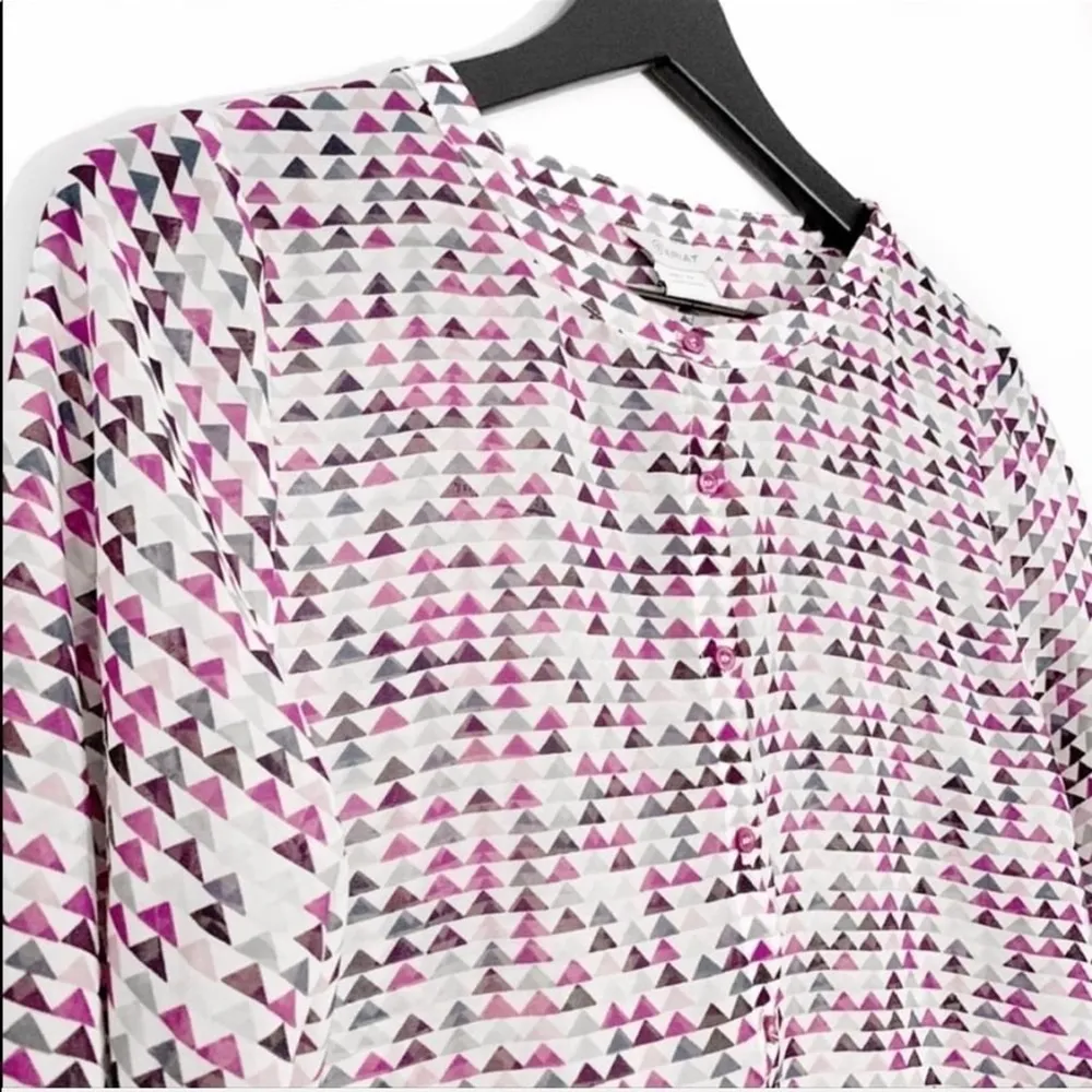 Ariat XS Geometric Print Blouse – Pink Purple Gray Long Sleeve Sheer Western Top - Image 3