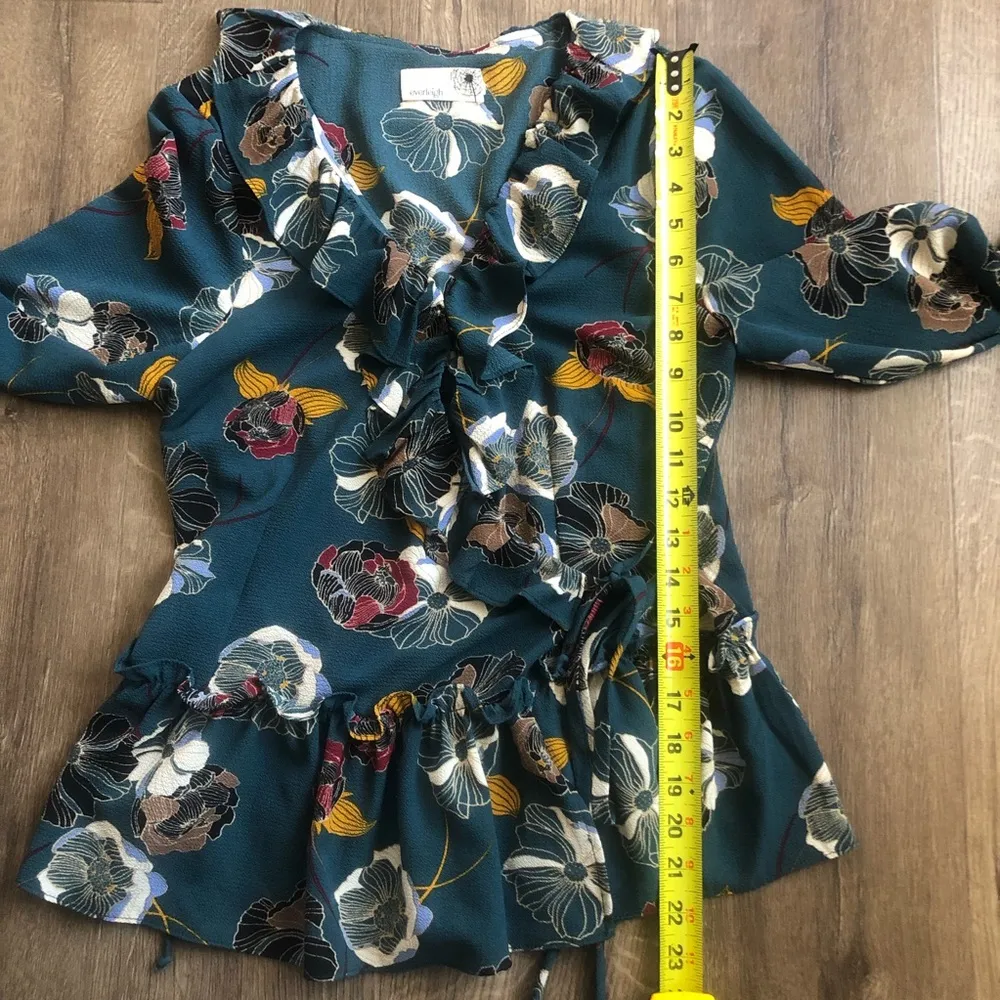 Anthro Everleigh Dark Green Blue Floral V Neck Ruffle Wrap Long Sleeve M - Image 11