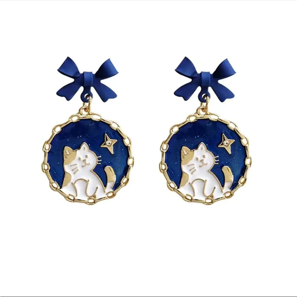 Navy Blue Bowknot Cute Cat Star Print Enamel‎ Dangle Earrings Gold - Image 4