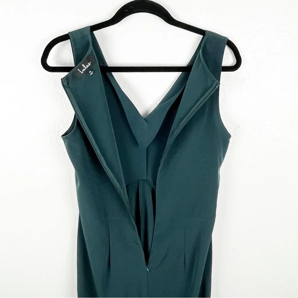 LULUS Emerald Green Knot Front V-Neck Side Pockets Flare Legs Jumpsuit Medium - Image 8