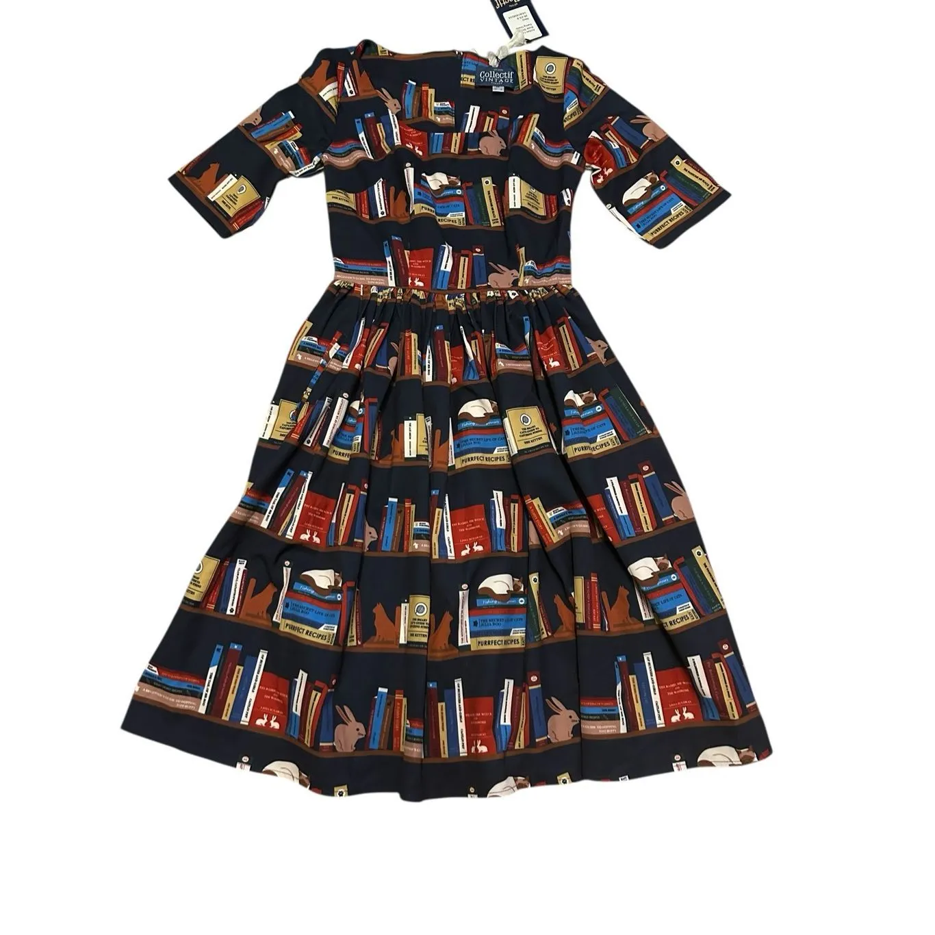 NWT Collectif Vintage London Amber Lea Book Shelf Swing Dress Navy Size 4 Blue - Image 3