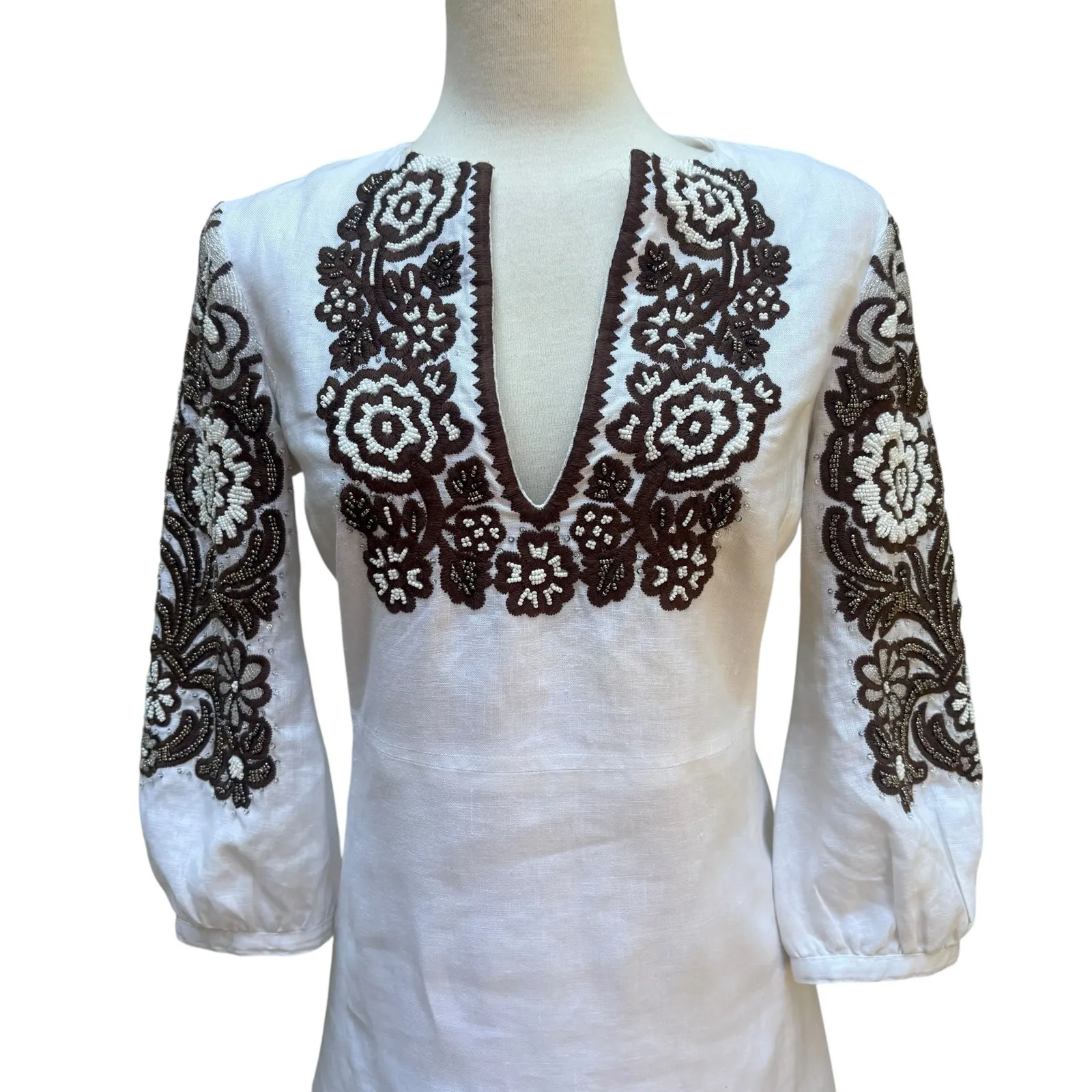 Tory Burch Beaded Mini Dress Tunic Sz 4 White Linen Brown Floral Embellished - Image 2