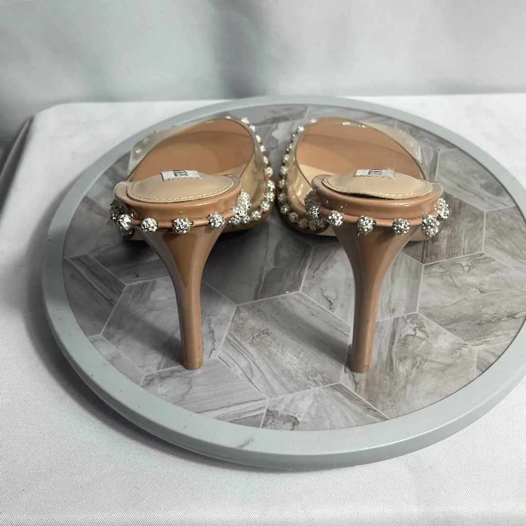 Steve Madden Zaylee Clear Rhinestone Mule Heels Nude Size 8.5M Square Toe - Image 3