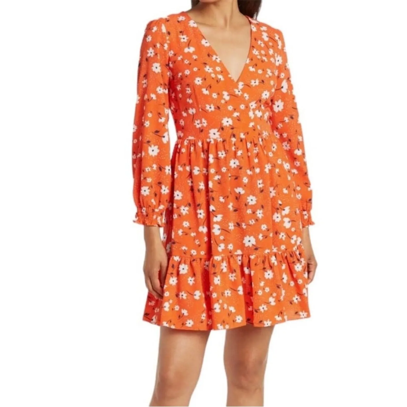 Eliza J orange red floral long sleeve surplice neckline mini dress NEW 8 - Image 2