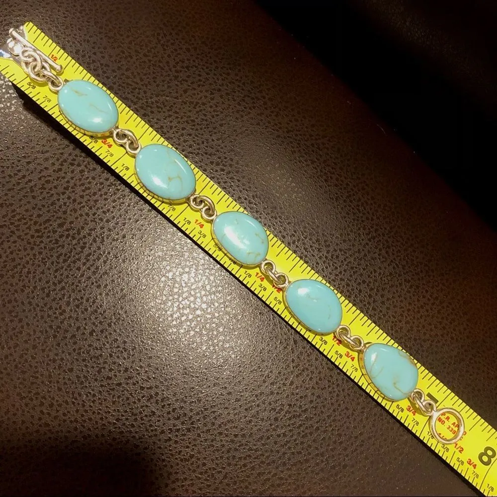 SOUTHWESTERN Mexico Sterling Silver Turquoise Cabochon Linked Bracelet - Image 5