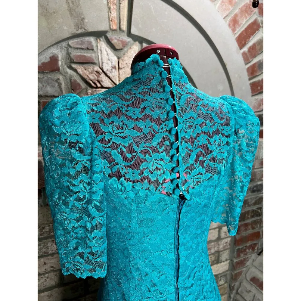 formal 1980s dress prom drop waist teal short sleeves lace Green - Image 8