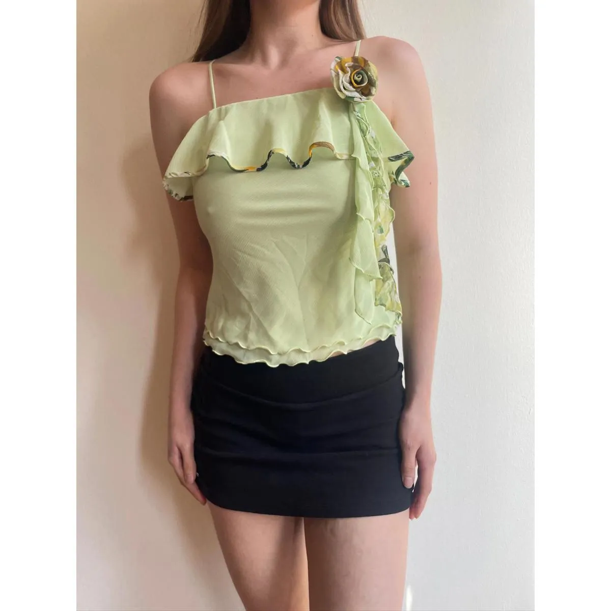 Light Green Y2k Lettuce Trim Ruffle Flower Cami Top - Image 2