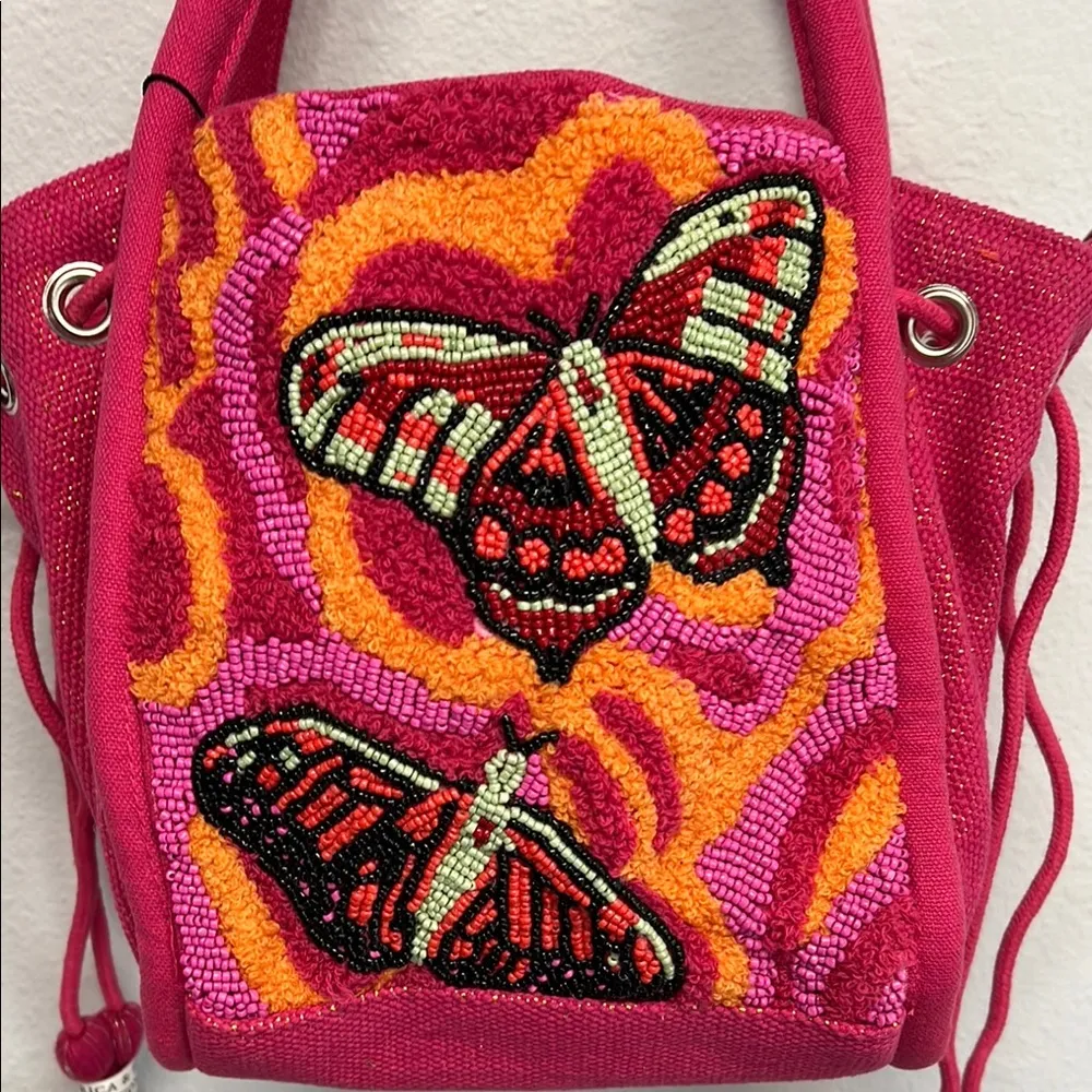 American & Beyond | Pink Butterfly Beaded Tote/Bucket Bag w/Crossbody Strap - Image 3
