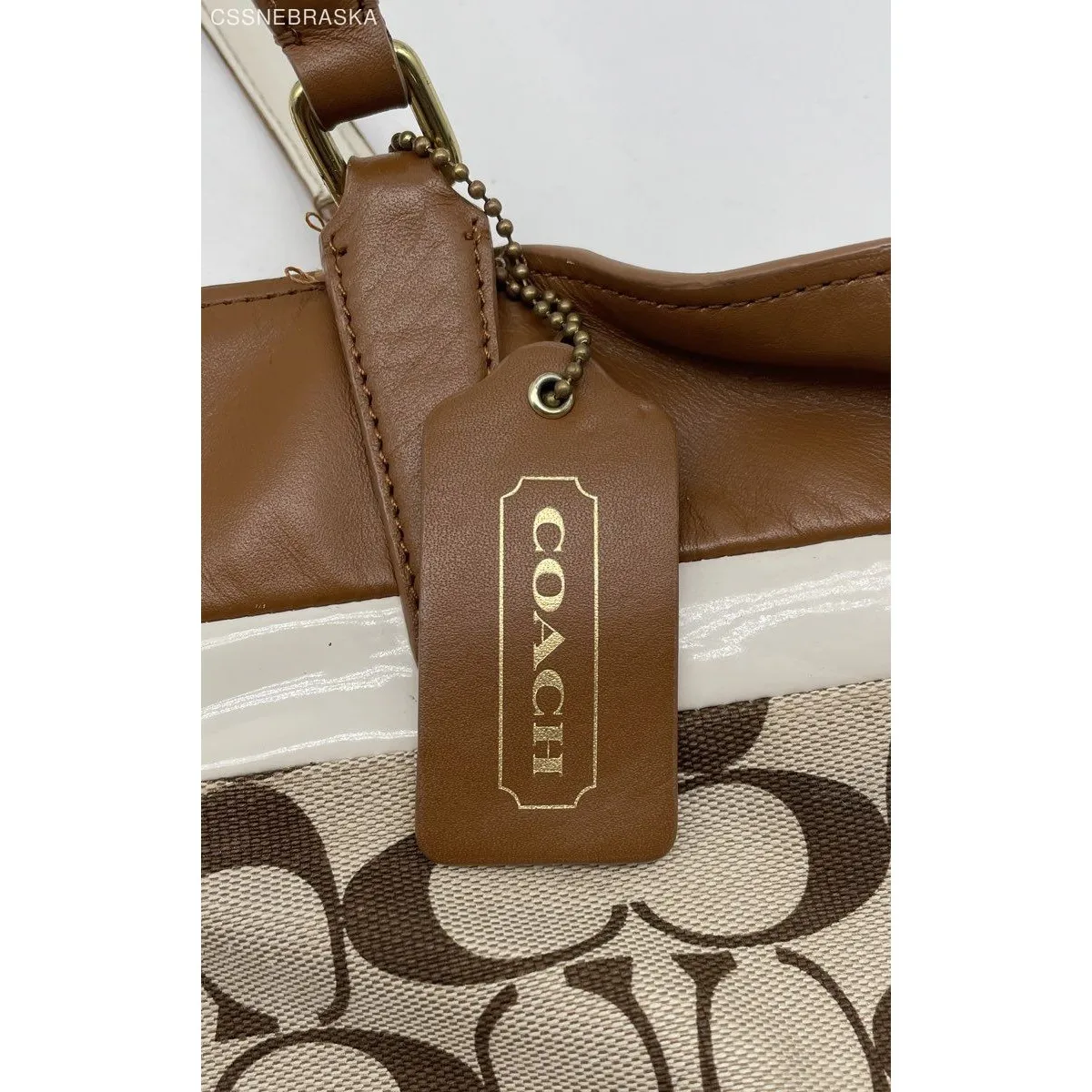 Coach Brown Signature Zipper Tote Khaki Canvas And Patent White Leather - Size L - Image 5