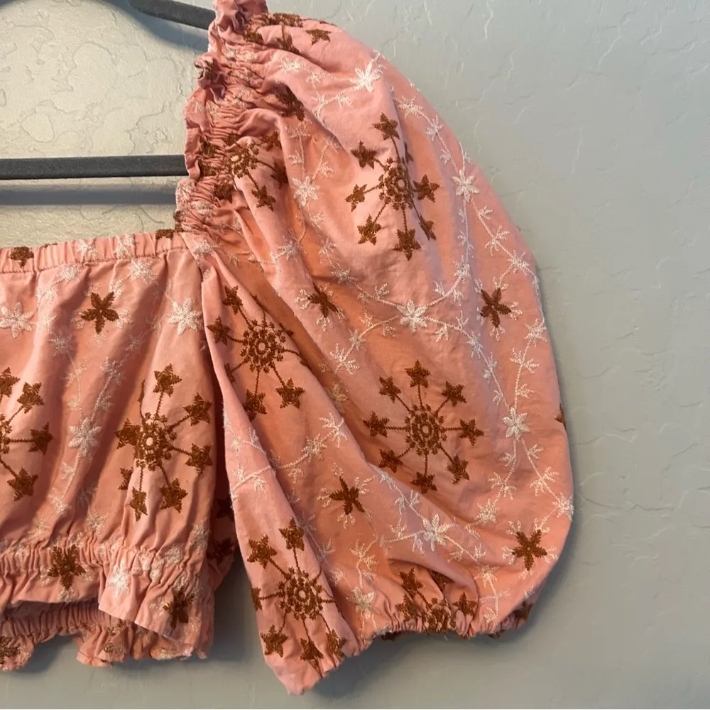 Zara women's coral peach floral embroidered cropped puff sleeve blouse size xs - Image 16