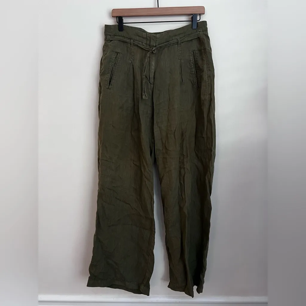 Wrap London Wide Leg 100% Linen Pants Olive Green High Rise lightweight 8 - Image 2