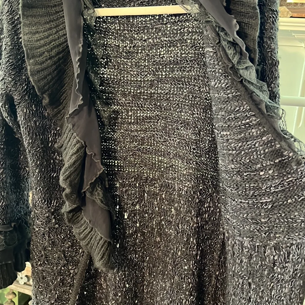 Y2K Milano Duster Wool Blend Lace Ruffle Cowl Neck Chic Knit Sweater Gray Size M - Image 5