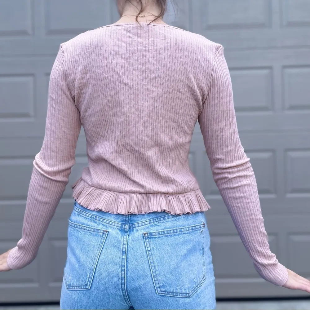 TopShop Ribbed Knit Tie Front Coquette Blush Pink Bow Sweater Cardigan Size 10 - Image 2