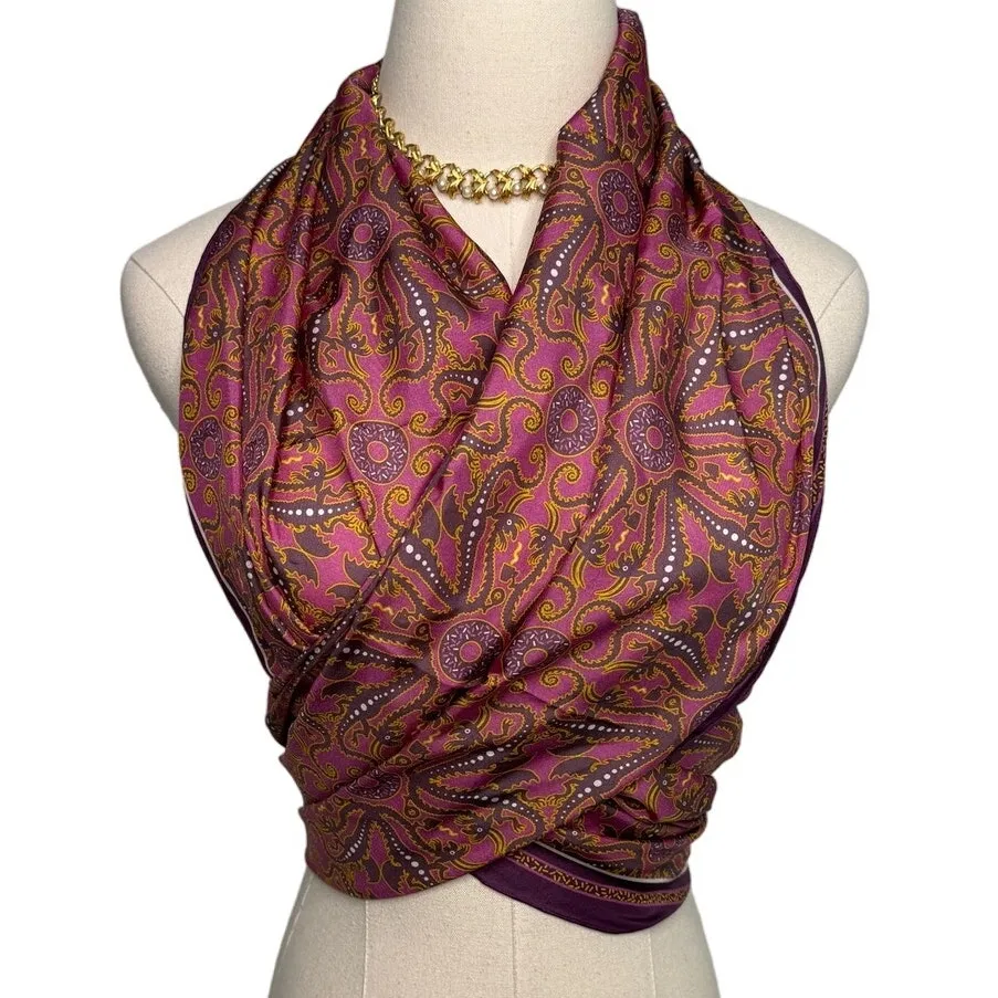 Vintage 100% silk dragon print scarf handmade rolled edge extra long XL 25x78" Purple - Image 5