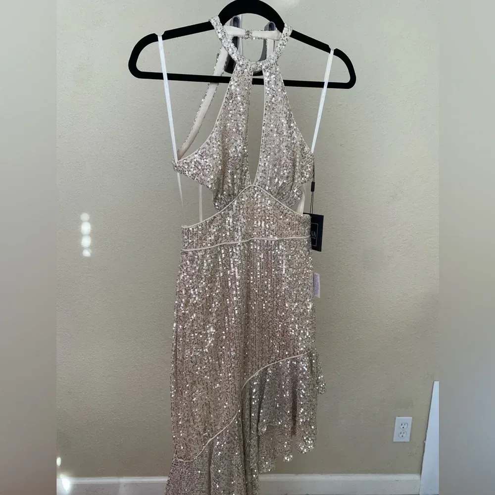 Ieena for Mac duggal sequined halter‎ cut out ruffle Asymmetrical dress in nude - Image 4