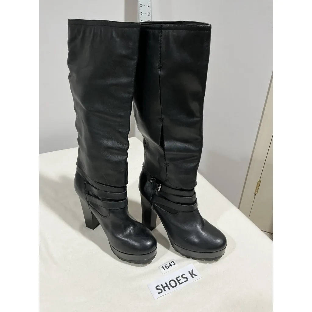 Woman’s Hinge Leather Tall Platform Strappy Boots 9.5 M Black - Image 2