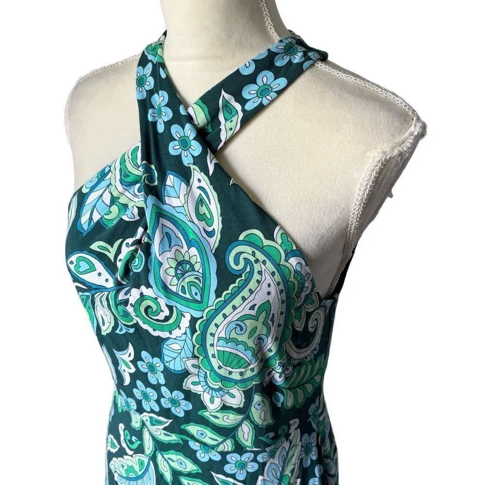 LOFT Midi Dress Womens Size 8P Teal Green Paisley Floral Halter Sleeveless Boho - Image 5