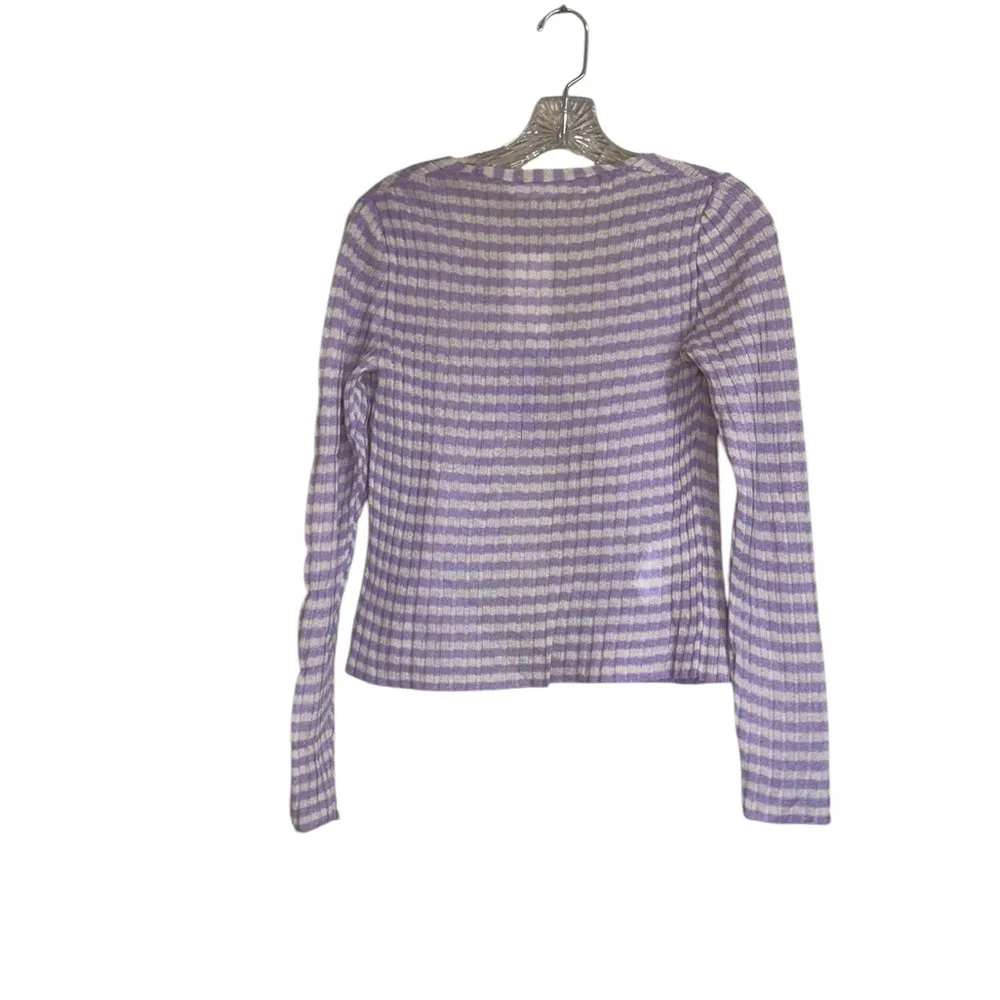 NWT MNG KNITTED CROPPED CARDIGAN STRIPED PURPLE WHITE LIGHTWEIGHT TIE DETAIL - Image 11