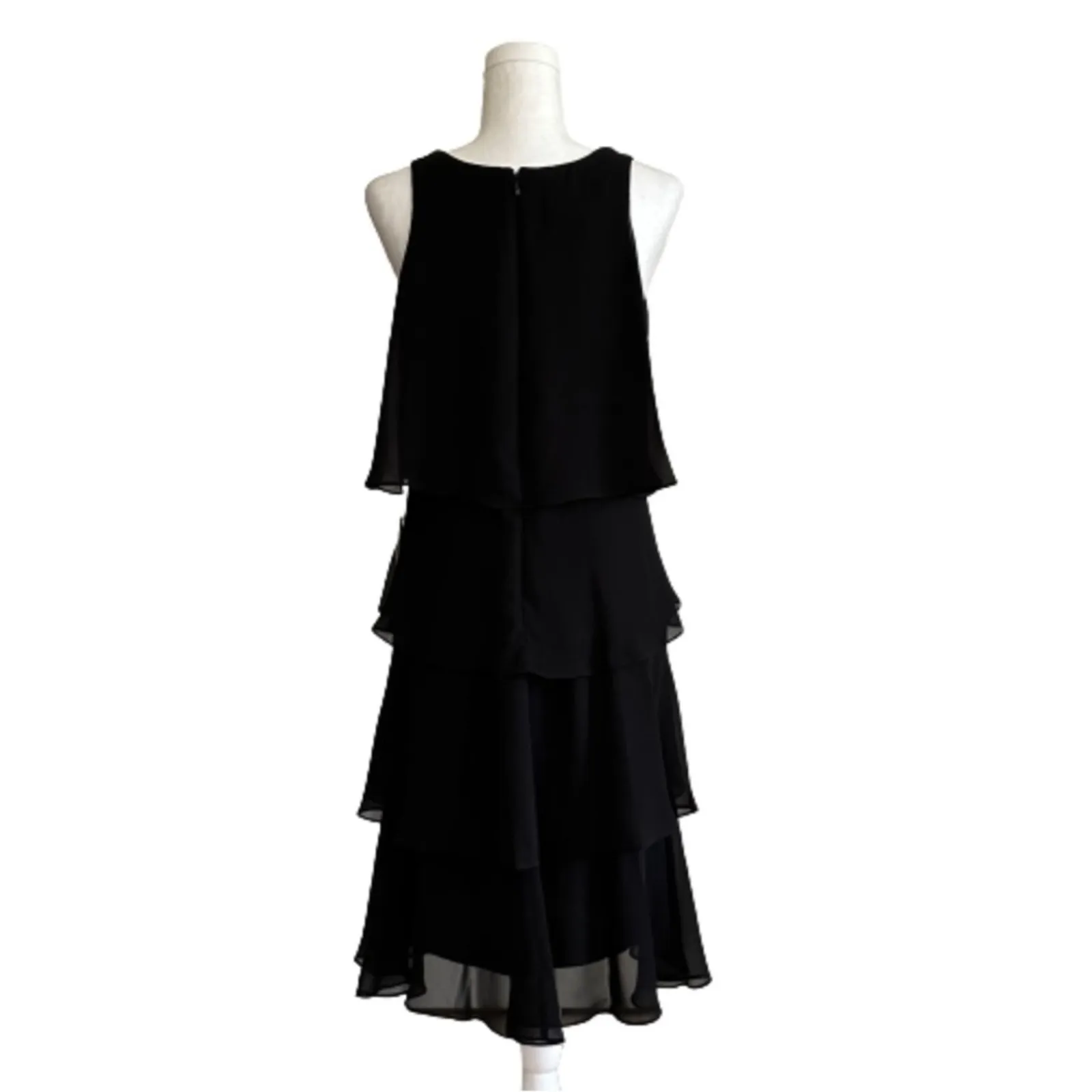 SLNY Dress Black Chiffon Beaded Neck Sleeveless Tiered Ruffle Cocktail 10 NEW - Image 4
