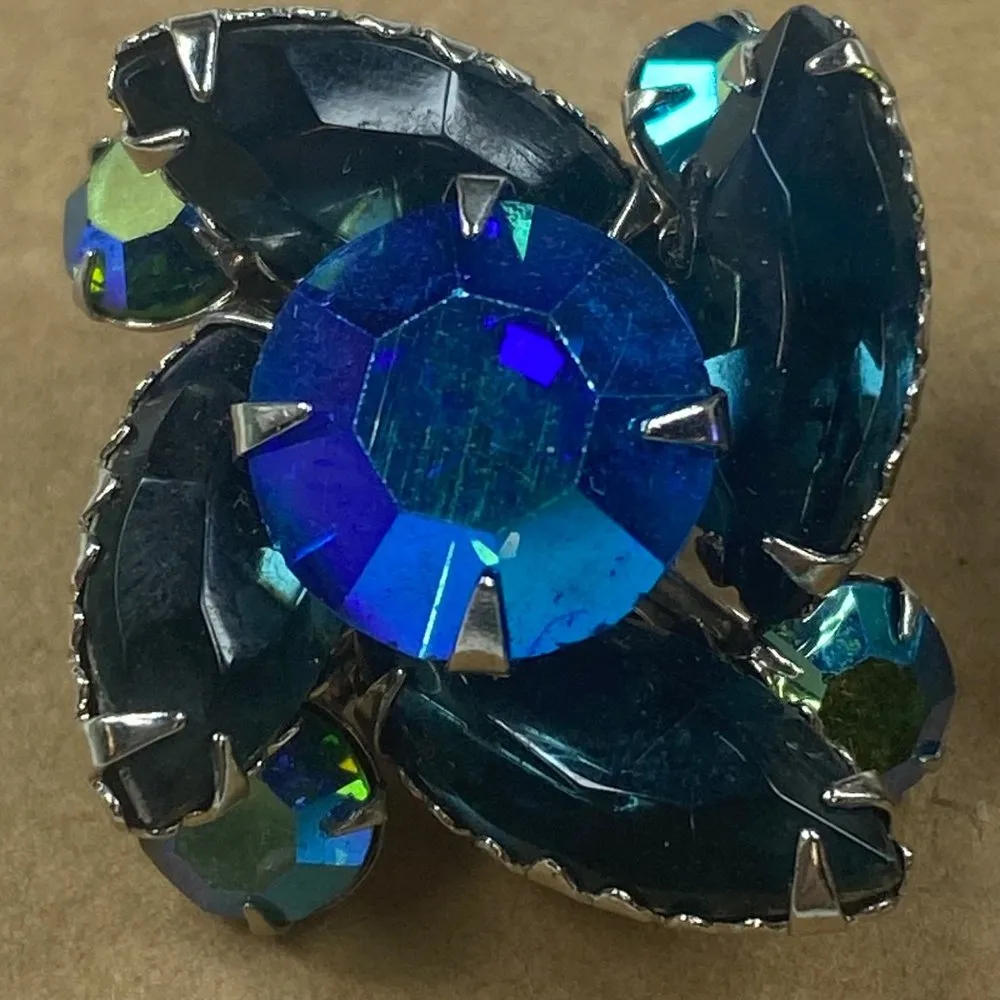 Shades of Blue Vintage Earrings Clipon Aurora Borealis Marquise Round Rhinestone - Image 11
