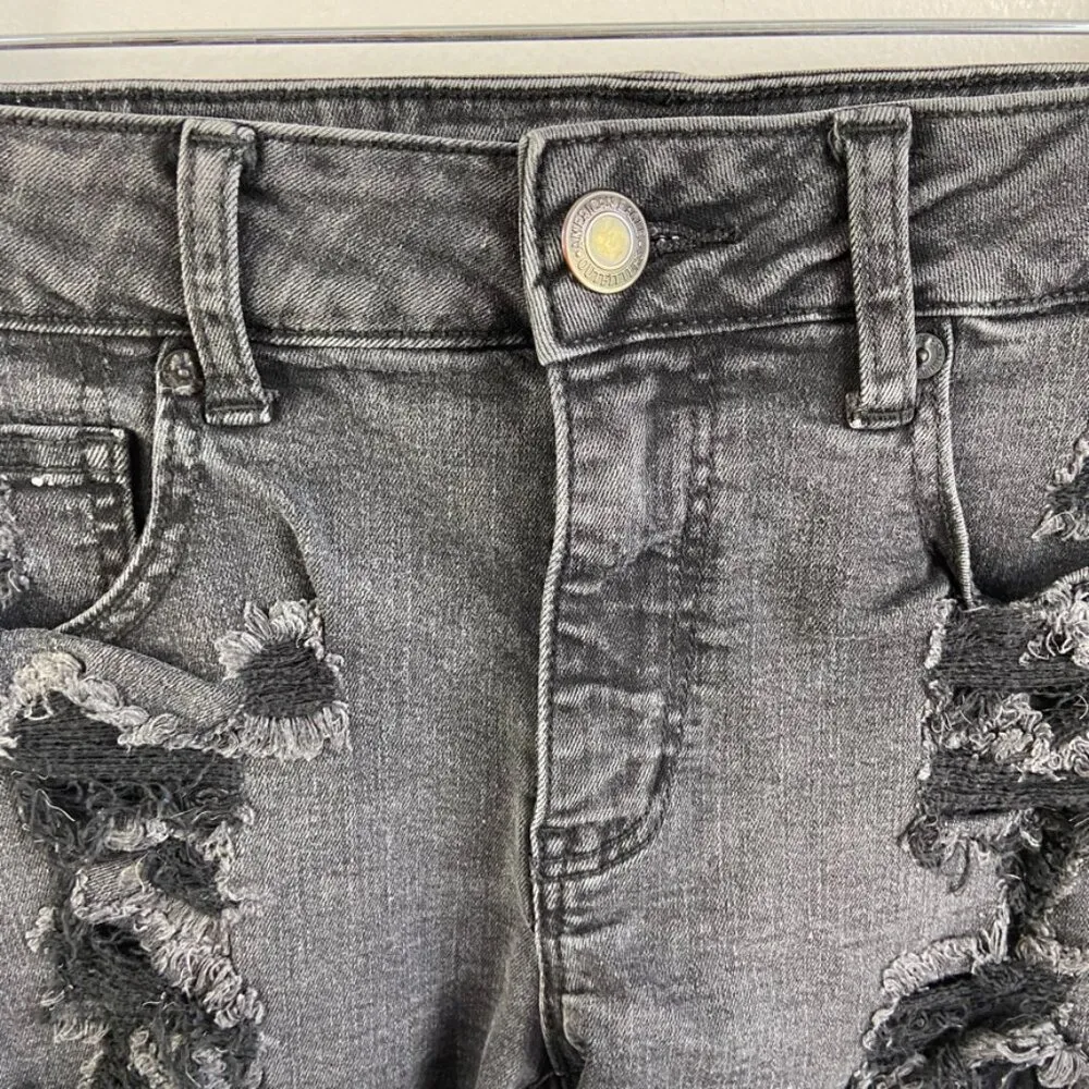 American Eagle Faded Black Super Stretch Hi-Rise Distressed Shortie Shorts - Image 8