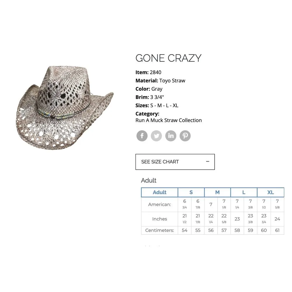 Bullhide Hats Run a Muck Collection GONE CRAZY Gray Toyo Straw Cowboy Hat - Image 9