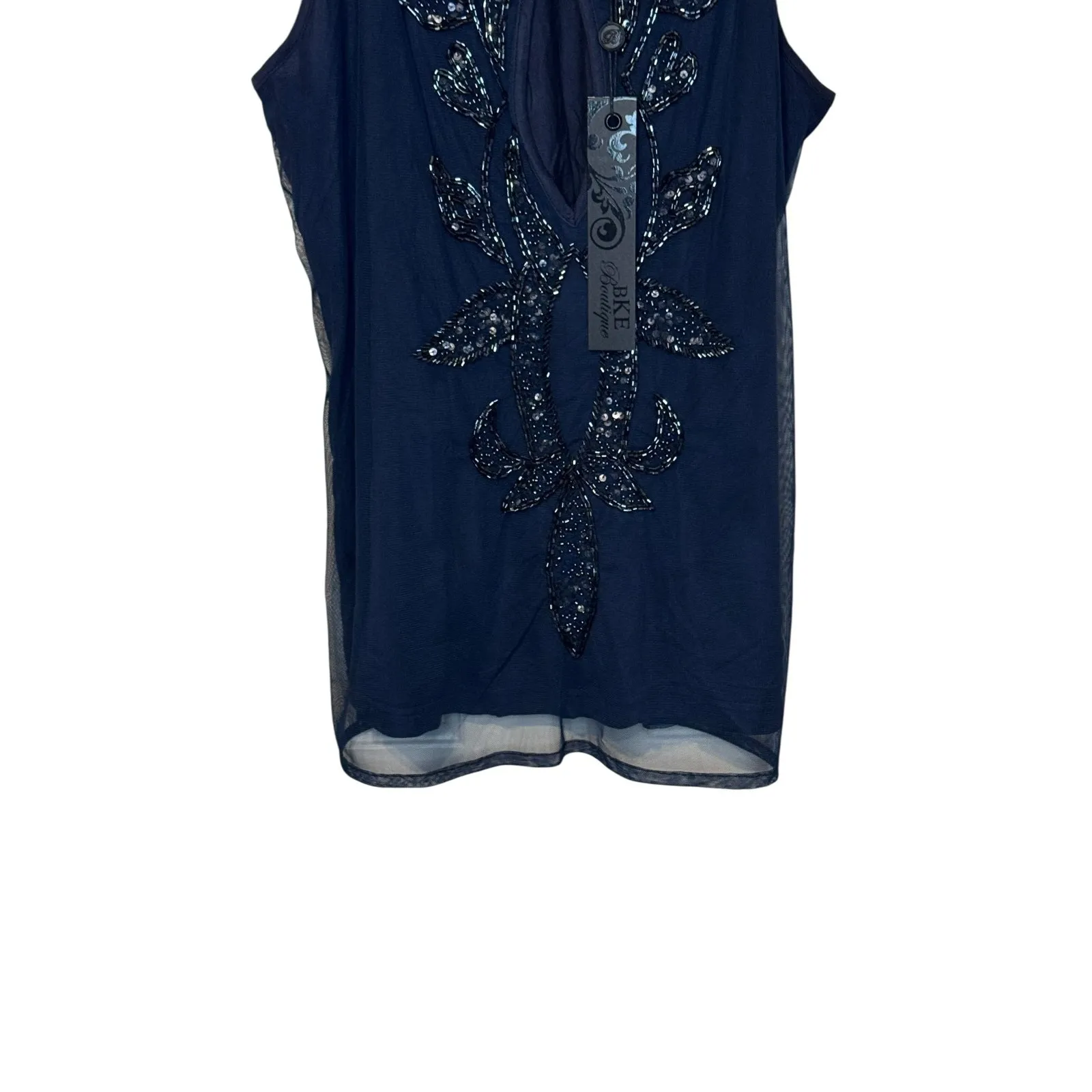 BKE Boutique Women's Tank Top Floral Beaded Sheer Racerback Navy Blue Large‎ NWT - Image 4