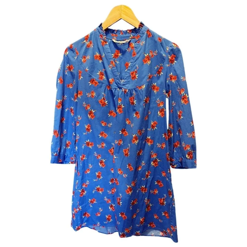 ZARA Emma Mini Tunic Dress Floral V-Neck 3/4 Sleeves Ruffled Neck Cotton Medium - Image 8