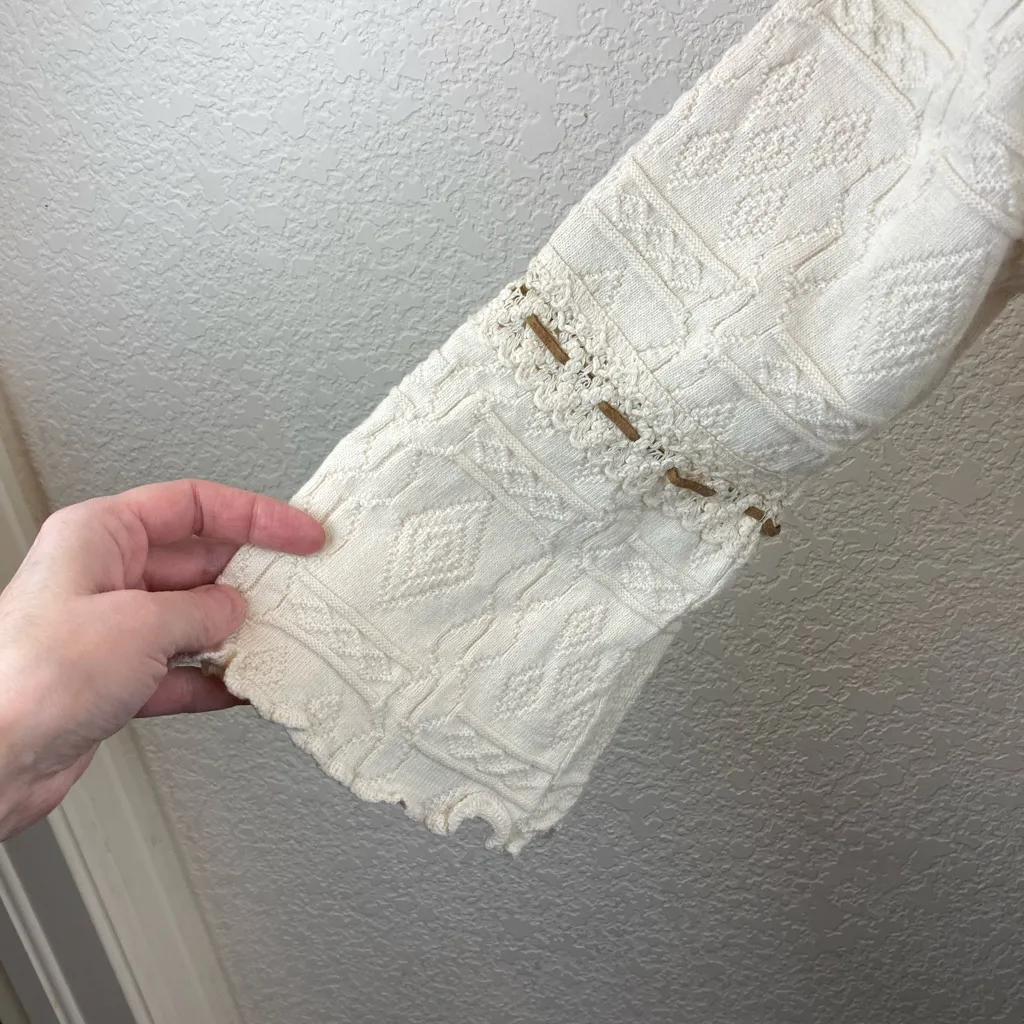 Micaela Ivory Patterned Boho V Neck 3/4 Sleeve Sweater A92 Size L - Image 3