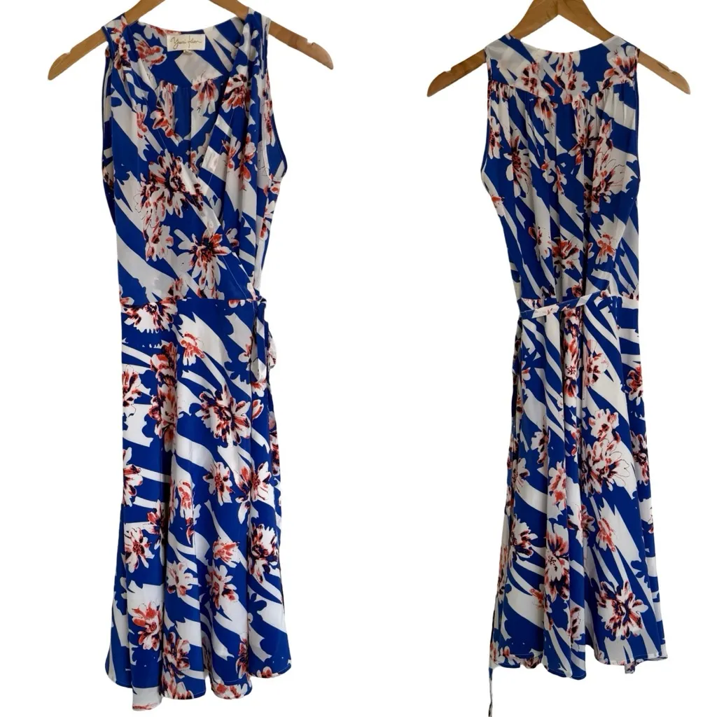 Yumi Kim Silk Revolve Floral Blue Pink and White Sleeveless Wrap Midi Dress S - Image 2