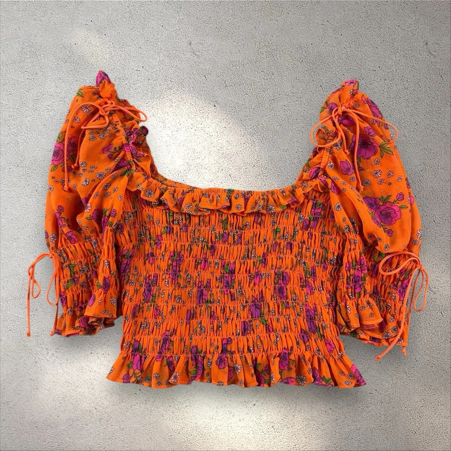 For Love & Lemons Peony Floral Smocked Crop Top Tangerine Orange XS - Image 3