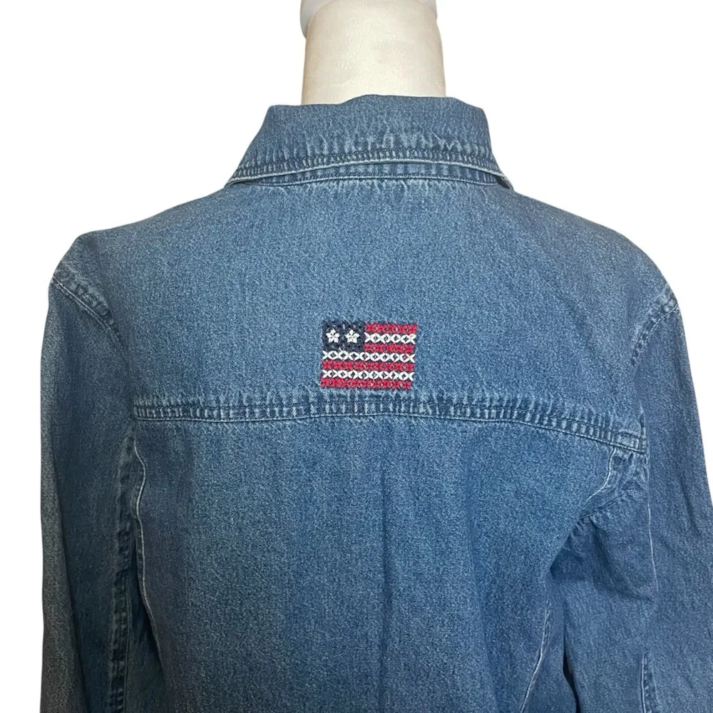 Denim & Co Womens Denim Jean Jacket Blue 100% Cotton USA Flag Embroidery Medium - Image 5