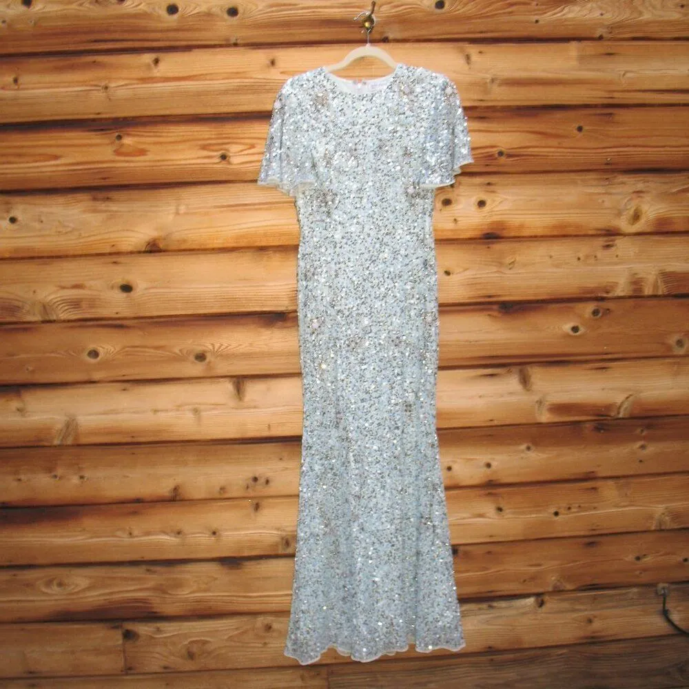 MAC DUGGAL 93932 Blue Flutter Sleeve Sequin High Neck Gown - Image 5