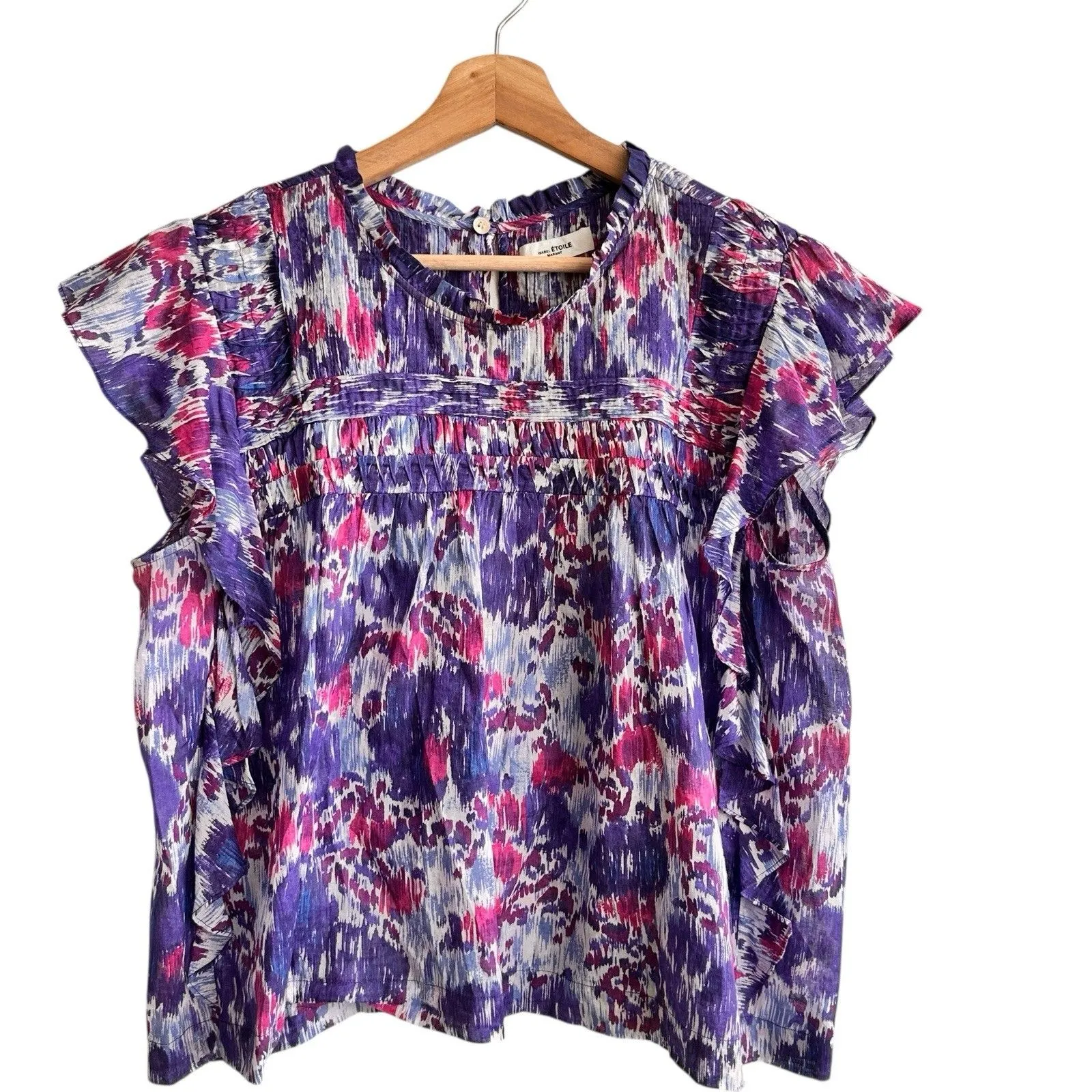 ISABEL MARANT ÉTOILE Layona Floral Ikat Flutter Cotton Ruffle Blouse Size 38 M - Image 2