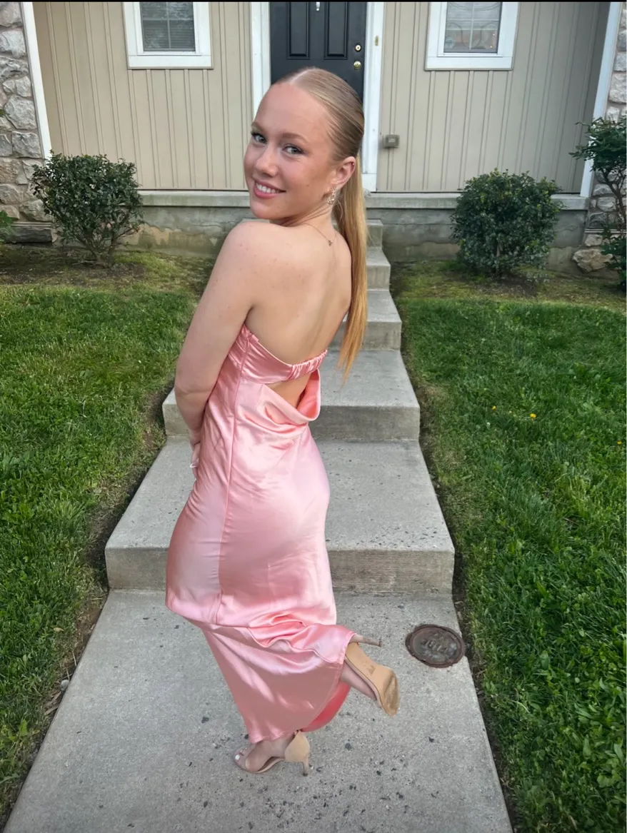 Amazon Light Pink Satin silk dress strapless - Image 4