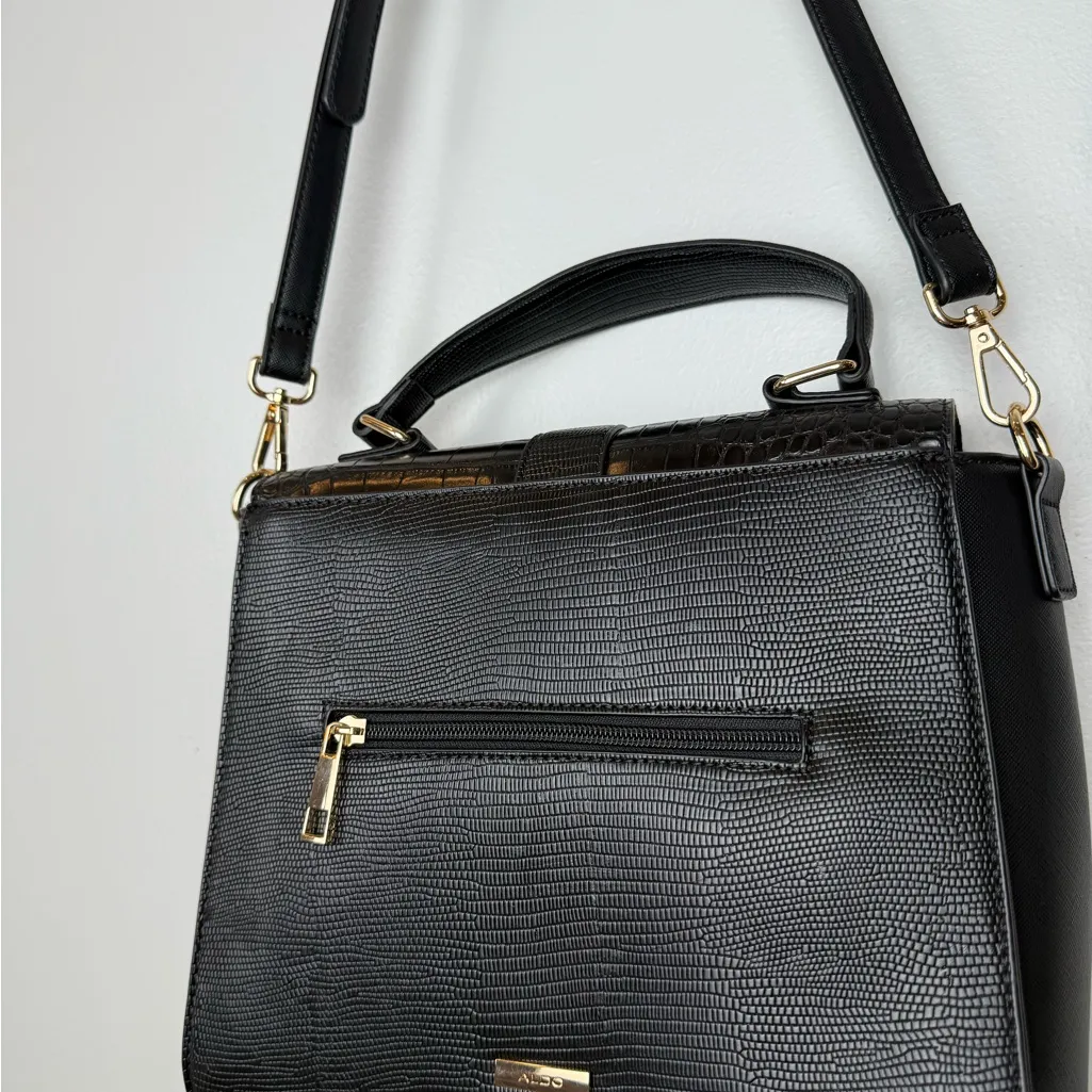 Aldo Black Crocodile-Embossed Satchel with Gold Hardware - Image 3
