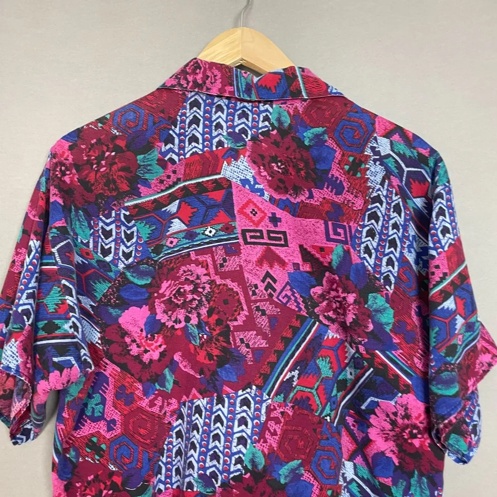Vintage Floral Blouse Southwestern Eclectic Print Short Sleeve Women Vibrant Top Pink Size L - Image 5