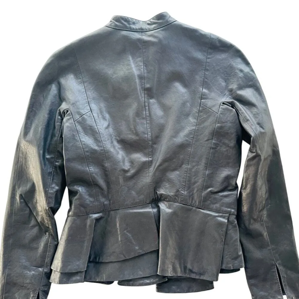 Emporio Armani Black Leather Moto Peplum Jacket Size 38 XS 2/4 US Italy - Image 7