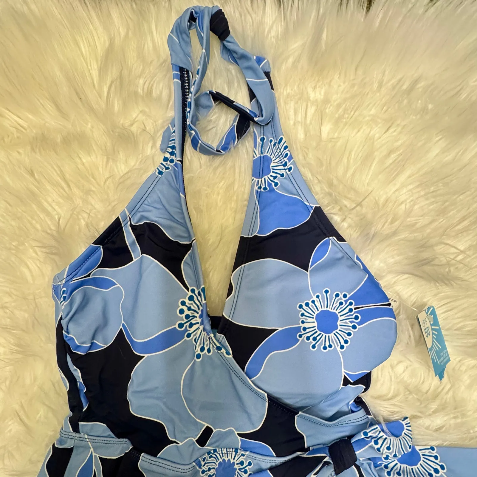 Draper James RSVP Blue Poppy Floral Halter 1 Piece Swim Dress Padding NEW Small - Image 4