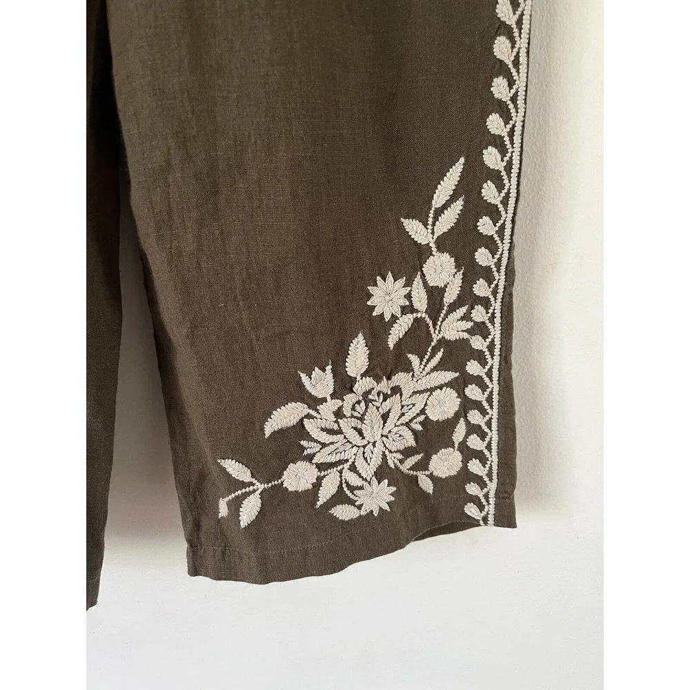 Kyla Seo Floral Embroidered Olive Green Handmade 100% Linen Pull On Pants Sz XS - Image 4