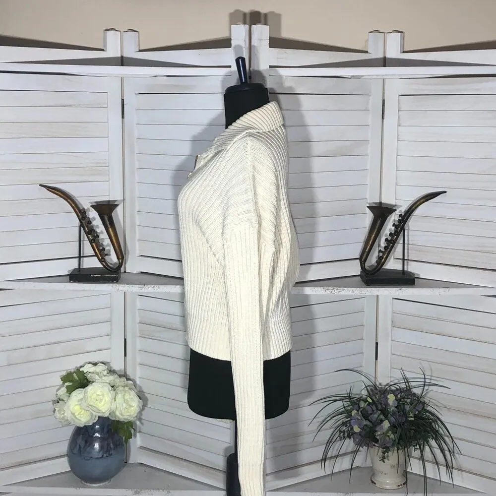 Vintage 90s cream cardigan cotton ribbed cable knit metal zipper collared Sz L White Size L - Image 4