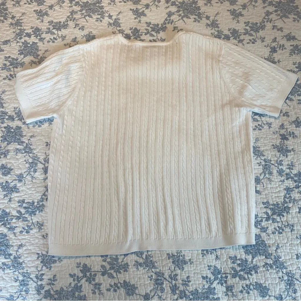 Vintage Crystal Kobe White Cable Knit Cotton Short Sleeve Sweater Size Large - Image 5