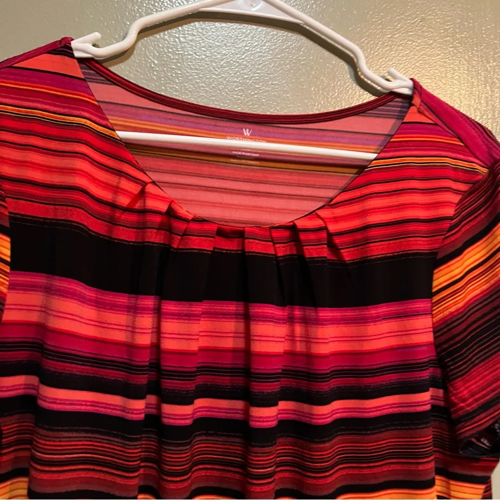 Worthington Blouse Black Red Pink Orange Stripes Scoop Neck PXL - Image 5