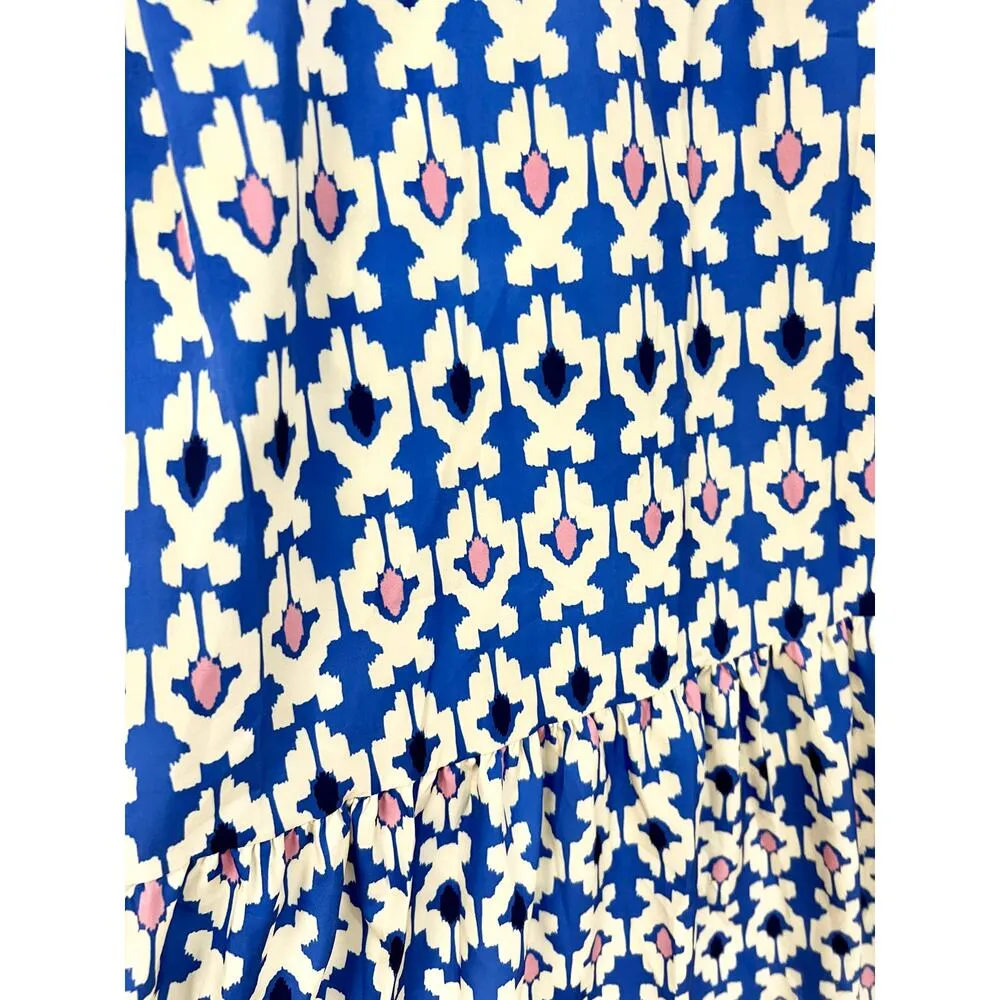 Printed Puffed Sleeve Smocked Tiered Midi Dress Blue/Cream / pink Women's Size L Blue Size L - Image 5