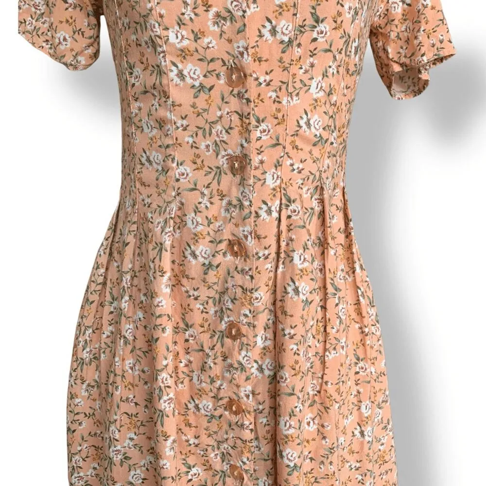 Vintage 90s Peach Floral Mini Dress Rayon Button Front Short Sleeve Scoopneck Orange - Image 3