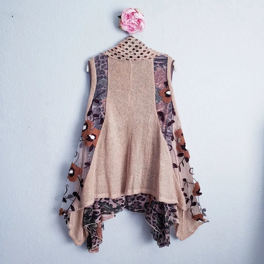 Anis A Artsy Leopard Print Sheer Embroidered Panel Flowy Knit Cardigan - Image 6