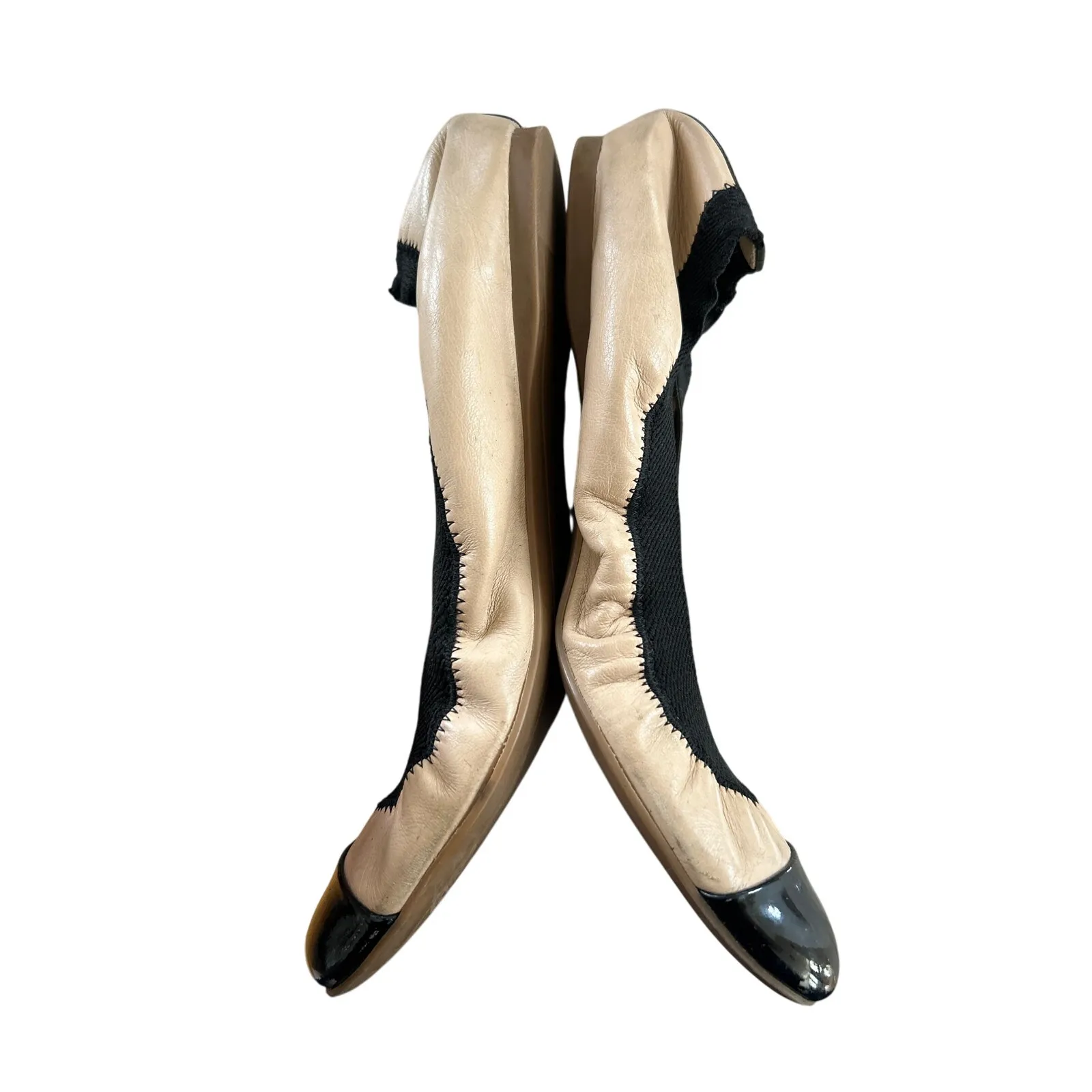 J.Crew Nude Leather Black Trim Cap Toe Slip On Elastic Flats - Image 4